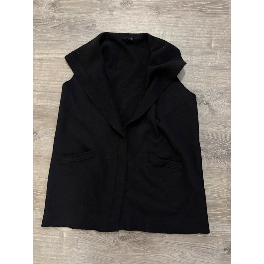 Eileen Fisher L Black Boiled Wool Long Open Front Vest Sleeveless Jacket
